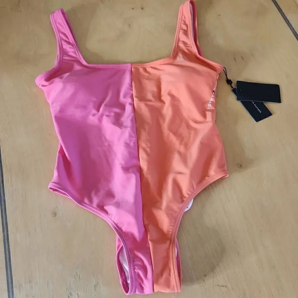 Tommy Hilfiger pink and orange one piece swimsuit women's size 6